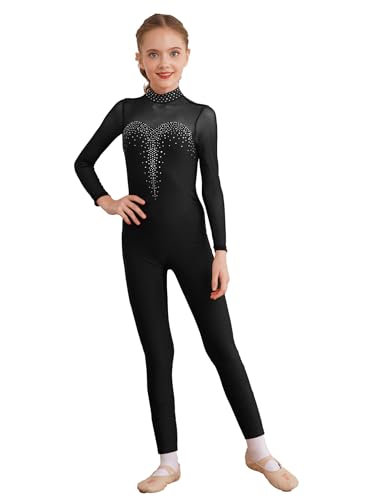 inhzoy Mädchen Gymnastikanzug Ganzkörper Turnanzug Langarm Jumpsuit Overall Einteile Ballettkleidung Tanzanzug Sport Bodysuit Trainingsanzug Schwarz 146-152 von inhzoy