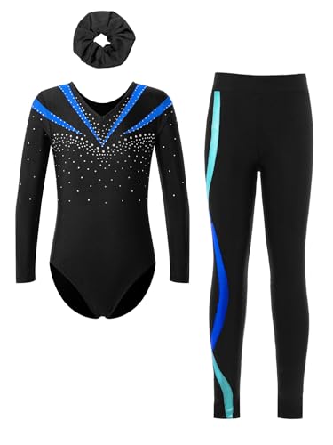 inhzoy Mädchen Gymnastikanzug Mit Langer Hose Haargummi 3 Stück Set Glitzer Langarm Turn-Trikot Gymnastik Kleidung Blau 146-152 von inhzoy