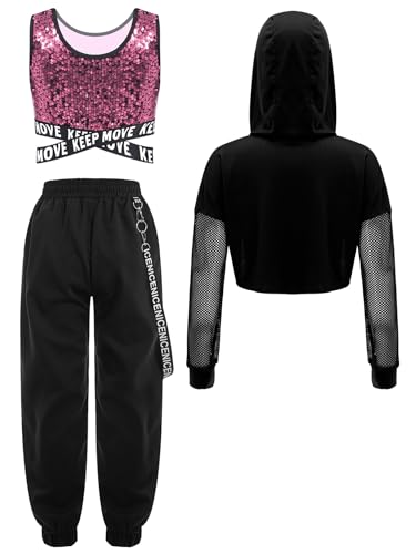 inhzoy Mädchen Hip Hop Outfit Streetdance Kleidung Glitzer Pailletten Tank Top Hoodie Und Cargohose 3er Set Kinder Traininganzüge Sport Tanzkleidung Rosa 122-128 von inhzoy