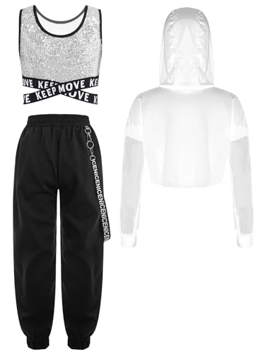 inhzoy Mädchen Hip Hop Outfit Streetdance Kleidung Glitzer Pailletten Tank Top Hoodie Und Cargohose 3er Set Kinder Traininganzüge Sport Tanzkleidung Silber 146-152 von inhzoy