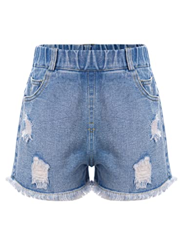 inhzoy Mädchen Jeans Shorts Loch Zerrissen Denim Kurze Hose Shorts mit Taschen Beiläufig Sommershorts A_Blau 140-146/10-11 Jahre von inhzoy