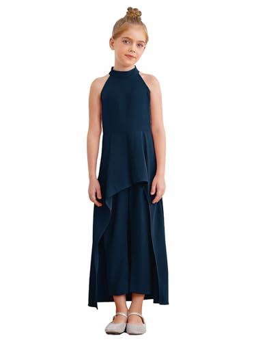 inhzoy Mädchen Jumpsuit Festlich Elegant Ärmelloser Neckholder Hosenanzug Mit Hi-Lo Rock Kinder Hochzeit Party Festzug Kleid Marineblau 146-152 von inhzoy