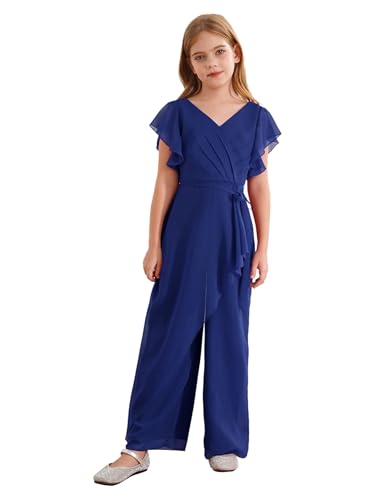 inhzoy Mädchen Jumpsuit Sommer Festlich Elegant Overall Lang Mit Rüschen Kinder Hochzeit Party Abend Festzug Outfit Freizeitanzug Königsblau 158-164 von inhzoy