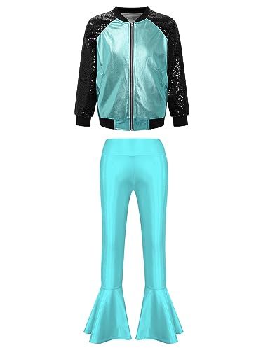 inhzoy Mädchen Kinderkostüm Disco 80er Jahre Trainingsanzug Glitzer Sweatjacke Metallic Schlaghose Leggings Set Jazz Tanzkleidung Faschingskostüm A_Blaugrün 158-164 von inhzoy