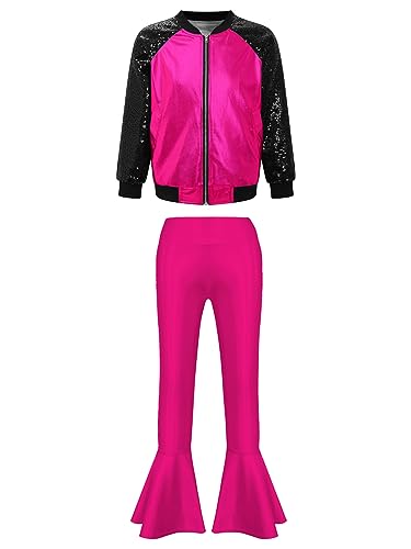 inhzoy Mädchen Kinderkostüm Disco 80er Jahre Trainingsanzug Glitzer Sweatjacke Metallic Schlaghose Leggings Set Jazz Tanzkleidung Faschingskostüm A_Rose 146-152 von inhzoy