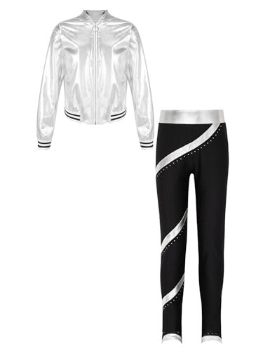 inhzoy Mädchen Kinderkostüm Disco 80er Jahre Trainingsanzug Glitzer Sweatjacke Metallic Schlaghose Leggings Set Jazz Tanzkleidung Faschingskostüm C_Silber 146-152 von inhzoy