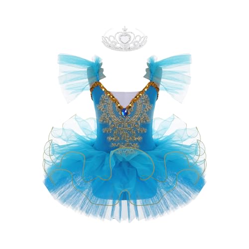 inhzoy Mädchen Klassisches Ballettkleid Ballettkostüm Strassfeder Tanz Ballett Tutu Trikot Kleid Schwanensee Ballerina Kostüm Blau_B 158-164/13-14 Jahre von inhzoy