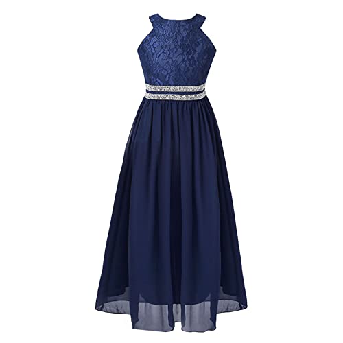 inhzoy Mädchen Kleid Festlich Neckholder Hochzeit Brautjungfern Blumenmädchenkleider Party Abendkleid Festkleider Lang gr. 104-176 Marineblau_F 140/10 Jahre von inhzoy