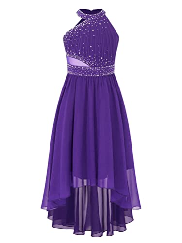 inhzoy Mädchen Kleider Festlich Neckholder Chiffon Prinzessin Kleid Mit Strass Kinder Partykleid Hochzeit Abendkleid Festkleid Hi-Lo Rock Gr. 110-176 Lila 134-140 von inhzoy