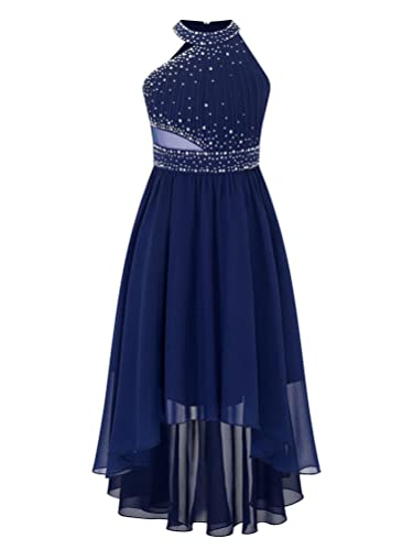 inhzoy Mädchen Kleider Festlich Neckholder Chiffon Prinzessin Kleid Mit Strass Kinder Partykleid Hochzeit Abendkleid Festkleid Hi-Lo Rock Gr. 110-176 Marineblau 146-152 von inhzoy