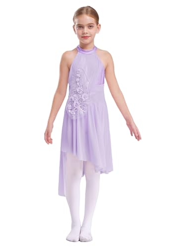 inhzoy Mädchen Lyrisch Tanzkleid Ballettkleid Glitzer 3D-Blumen Tanztrikot Mit Unregelmäßige Rock Kinder Contemporary Tanzbekleidung Helles Lila 146-152 von inhzoy