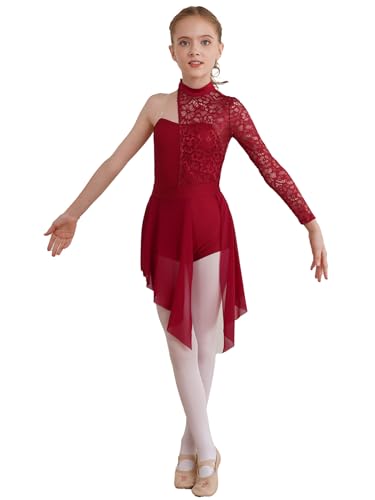 inhzoy Mädchen Lyrisches Tanzkleid Langarm Spitze Tanz Trikot Mit Asymmetrische Rock Kinder Eislaufen Latin Wettkampf Zeitgenössische Tanzkleidung Burgundy 146-152 von inhzoy