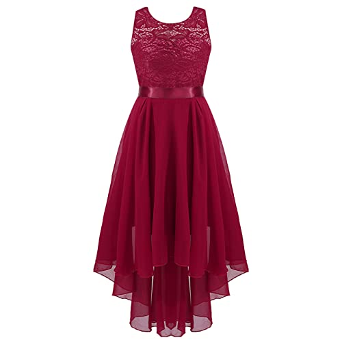 inhzoy Mädchen Prinzessin Kleid Festlich Spitzenkleid Tüll High Low Rock Blumenkinder Kleid für Hochzeit Erstkommunion Party Festzug Burgundy 152-164/12-14 Jahre von inhzoy