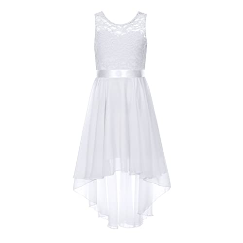 inhzoy Mädchen Prinzessin Kleid Festlich Spitzenkleid Tüll High Low Rock Blumenkinder Kleid für Hochzeit Erstkommunion Party Festzug Weiß 140-152/10-12 Jahre von inhzoy