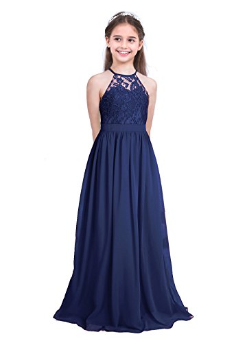 inhzoy Mädchen Prinzessin Kleider Blumenmädchenkleid Spitze Chiffon Kleid Brautjungfern Kleid Partykleid Festkleid Ballkleid Lang Gr. 104-176 Blau 176/16 Jahre von inhzoy