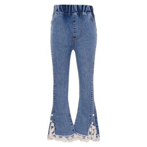 inhzoy Mädchen Schlaghosen Jeans Retro Slim Fit Kinder Stretch Skinny Löcher Jeanshose Schlag Leggings mit/Ohne Fleece High Waist Z_Blau 122-128 von inhzoy