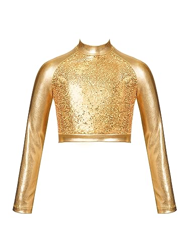 inhzoy Mädchen Sport Top Bauchfrei Langarm Halb-Durchsichtig Crop Top T-Shirt Oberteile Langarmshirt Bluse für Ballett Tanz Gymnastik Gold_E 134-140 von inhzoy