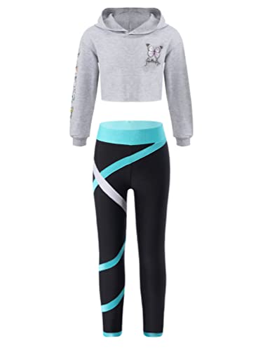 inhzoy Mädchen Sportbekleidung Set Kinder Jogging Trainingsanzug Crop Top Kapuzenpullover Tights Cargo Hose Hip hop Jazz Streetdance Outfit Tanzanzug A_Grau&Grün 134-140/9-10 Jahre von inhzoy