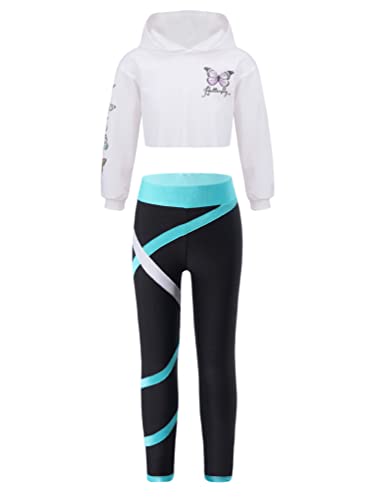 inhzoy Mädchen Sportbekleidung Set Kinder Jogging Trainingsanzug Crop Top Kapuzenpullover Tights Cargo Hose Hip hop Jazz Streetdance Outfit Tanzanzug A_Weiß&Grün 146-152/11-12 Jahre von inhzoy