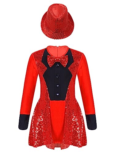 inhzoy Mädchen Tanzkleid Trikot Gymnastik Body Kinder Frack Overall Fedora Zaubererhut Set Showman Sänger Outfit Fasching Party Kleidung A_Rot 134-140 von inhzoy