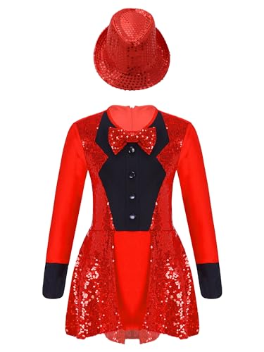 inhzoy Mädchen Tanzkleid Trikot Gymnastik Body Kinder Frack Overall Fedora Zaubererhut Set Showman Sänger Outfit Fasching Party Kleidung A_Rot 158-164 von inhzoy