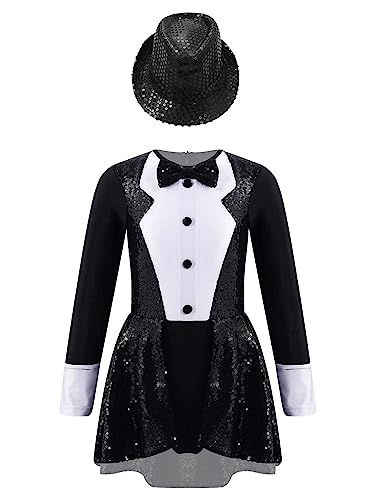 inhzoy Mädchen Tanzkleid Trikot Gymnastik Body Kinder Frack Overall Fedora Zaubererhut Set Showman Sänger Outfit Fasching Party Kleidung A_Schwarz 122-128 von inhzoy