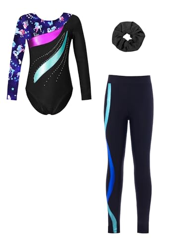 inhzoy Mädchen Turnanzug Langarm Mit Langer Hose Beduckte Gymnastik Body Leggings Und Haargummi 3er Wettkampf Tanzkleidung Set Marineblau&Schwarz Blau 134-140 von inhzoy