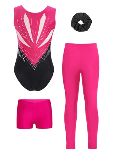 inhzoy Mädchen Turnanzug Mit Hose Kurz&Lang Ärmelloser Farbblock Trikot Leggings Shorts Und Haargummi Set Gymnastik Tanzkleidung Hotpink 134-140 von inhzoy