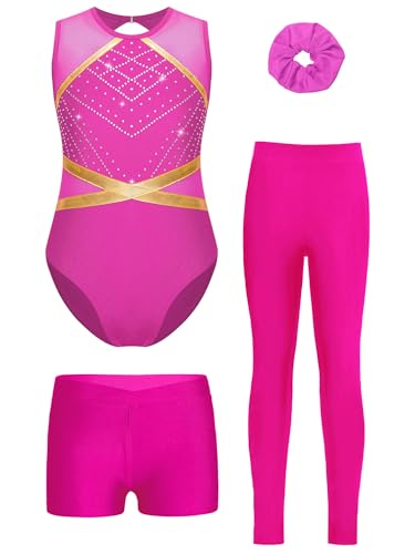 inhzoy Mädchen Turnanzug Mit Hose Kurz&Lang Ärmelloser Farbblock Trikot Leggings Shorts Und Haargummi Set Gymnastik Tanzkleidung Z_Hotpink 158-164 von inhzoy
