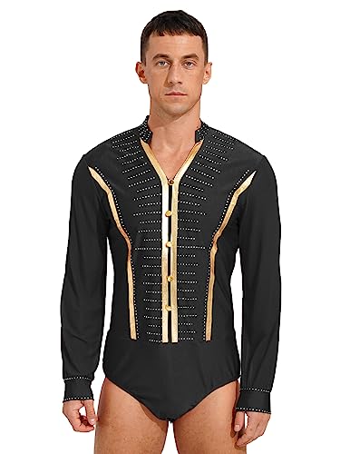 inhzoy Männer Bodysuit Langarm Glänzend Strass Hemd Body MIt V-Ausschnitt Latin Modern Dance Shirt Wettbewerb Performance Tanzkostüm Schwarz_D L von inhzoy