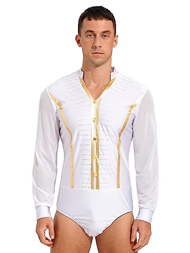 inhzoy Männer Bodysuit Langarm Glänzend Strass Hemd Body MIt V-Ausschnitt Latin Modern Dance Shirt Wettbewerb Performance Tanzkostüm Weiß_D M von inhzoy