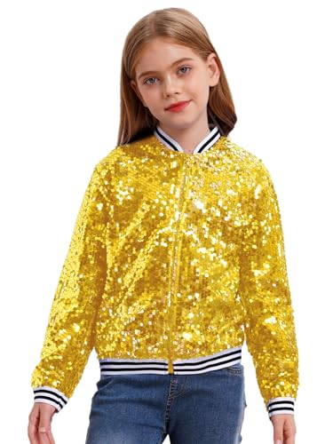 inhzoy Unisex Kinder Glänzende Pailletten Jacke Langarm Glitzer Bomberjacke Mit Reißverschluss Sport Freizeitjacke Streetdance Hip Hop Jacke Gold_A 122-128 von inhzoy