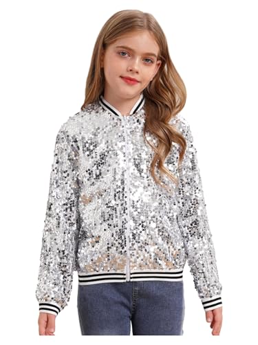 inhzoy Unisex Kinder Glänzende Pailletten Jacke Langarm Glitzer Bomberjacke Mit Reißverschluss Sport Freizeitjacke Streetdance Hip Hop Jacke Silber_A 134-140 von inhzoy