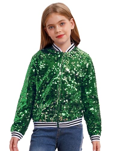 inhzoy Unisex Kinder Glänzende Pailletten Jacke Langarm Glitzer Bomberjacke Mit Reißverschluss Sport Freizeitjacke Streetdance Hip Hop Jacke Grün_A 122-128 von inhzoy