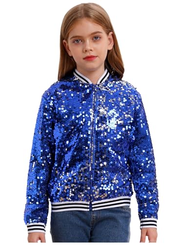 inhzoy Unisex Kinder Glänzende Pailletten Jacke Langarm Glitzer Bomberjacke Mit Reißverschluss Sport Freizeitjacke Streetdance Hip Hop Jacke Königsblau_A 134-140 von inhzoy