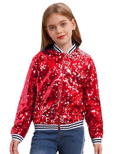 inhzoy Unisex Kinder Glänzende Pailletten Jacke Langarm Glitzer Bomberjacke Mit Reißverschluss Sport Freizeitjacke Streetdance Hip Hop Jacke Rot_A 122-128 von inhzoy