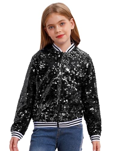 inhzoy Unisex Kinder Glänzende Pailletten Jacke Langarm Glitzer Bomberjacke Mit Reißverschluss Sport Freizeitjacke Streetdance Hip Hop Jacke Schwarz_A 170 von inhzoy