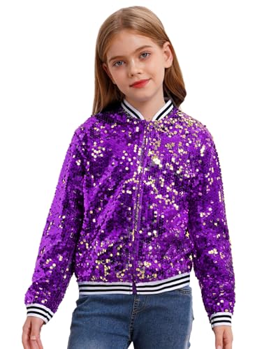 inhzoy Unisex Kinder Glänzende Pailletten Jacke Langarm Glitzer Bomberjacke Mit Reißverschluss Sport Freizeitjacke Streetdance Hip Hop Jacke Violett_A 170 von inhzoy