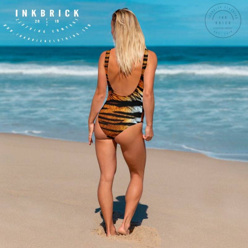 Tiger Stripe Print Einteiliger Badeanzug Damen Animal Badeanzug von inkbrick