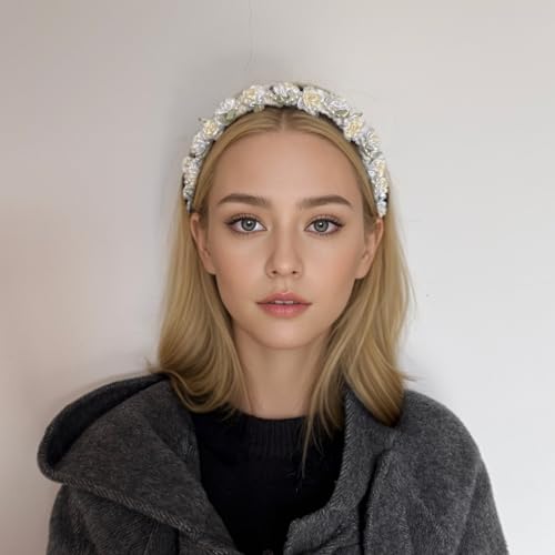Haarreif Blumen Perlen Blumenkranz Haare Haarband, Braut Trachten Haarschmuck Blumenstirnband Damen Mädchen Haarkranz Kopfschmuck mit Blüten für Karneval Fasching Hochzeit von inkihuit