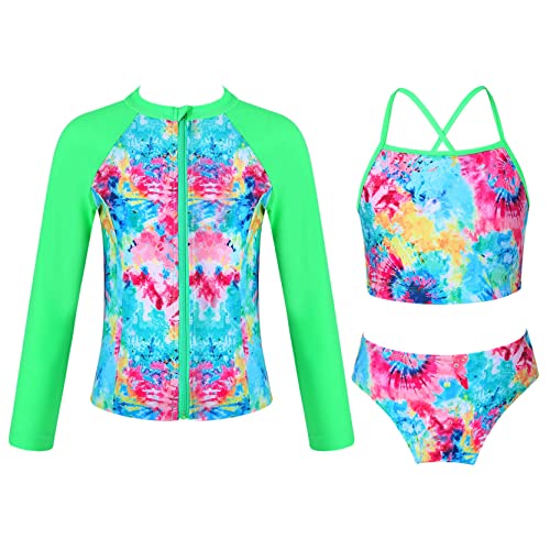 inlzdz 3Pcs Kinder Mädchen Badeanzug Bikini Set Langarm Badeshirt Träger Oberteil mit Höschen Jacken Set Swimsuit Strandbadebekleidung Bademode Colorful 146-152 von inlzdz