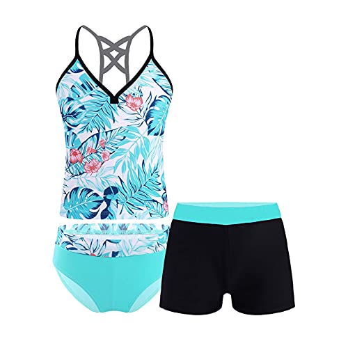 inlzdz 3tlg. Mädchen Badeanzug Schwimmanzug UV-Schutz Badeshirts + Badehose + Shorts Bademode Kinder Sommer Bikini Tankini Set Gr.98-176 Type D 134-140 von inlzdz