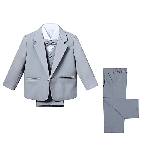 inlzdz 5Pcs Kinder Jungen Gentleman Anzug Blazer + Hemd + Hose + Weste + Fliege Kommunionsanzug Geburtstag Hochzeit Smoking Outfits Festlich Hochzeitskleidung Kinderanzug Grau H 116-122 von inlzdz