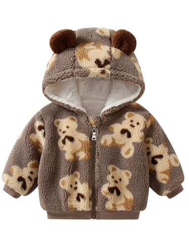 inlzdz Baby Jungen Mädchen Winterjacke Kapuzenmantel Fleece Jacke Mit Kapuze Reißverschluss Umhangjacke Dicke Warme Oberbekleidung Wintermäntel Braun 74-80 von inlzdz