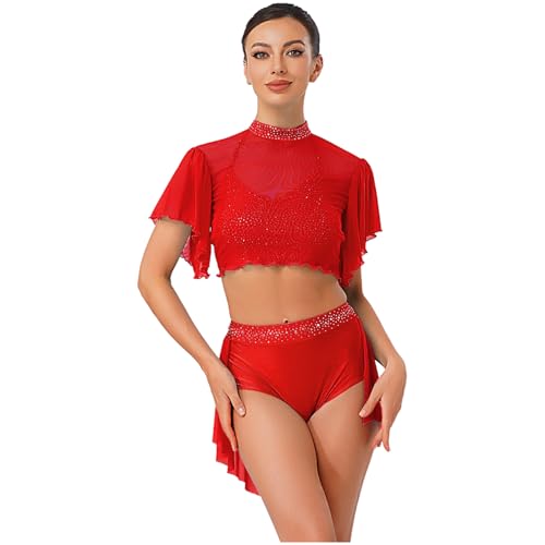 inlzdz Damen 3-teilig Tanzanzug Neckholder Tops Glitzer Chiffon Cover-Up Tanzrock mit Shorts Rückenfrei Modern Dance Outfit Bühne Tanzkostüm Rot S von inlzdz