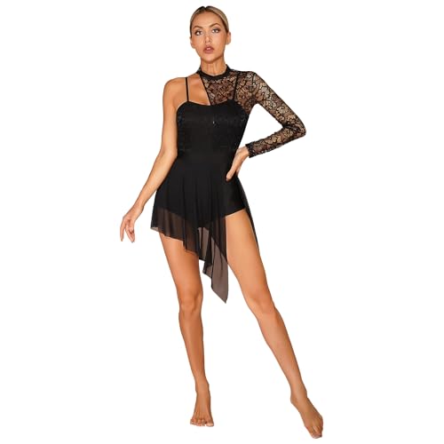 inlzdz Damen Ballettanzug Tanzkleid Spitze Langarm Bodysuit Skater Kleider Asymmetrischer Saum Ballettkleid Mesh Tanzrock Wickelrock Gymnastikanzug Turnanzug Schwarz C M von inlzdz