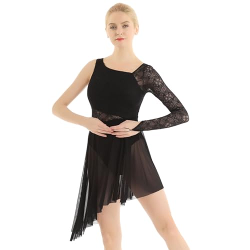 inlzdz Damen Ballettanzug Tanzkleid Spitze Langarm Bodysuit Skater Kleider Asymmetrischer Saum Ballettkleid Mesh Tanzrock Wickelrock Gymnastikanzug Turnanzug Schwarz M von inlzdz