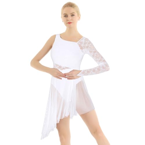 inlzdz Damen Ballettanzug Tanzkleid Spitze Langarm Bodysuit Skater Kleider Asymmetrischer Saum Ballettkleid Mesh Tanzrock Wickelrock Gymnastikanzug Turnanzug Weiß S von inlzdz