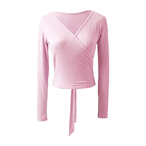 inlzdz Damen Ballettjacke Wickeljacke Langarm Tanzoberteil Strickjacke V-Ausschnitt Crop Top Ballett Tanz Bluse Top Strickshirt Yoga Ballett Fitness Langarmshirt Tanzkleidung Rosa S von inlzdz
