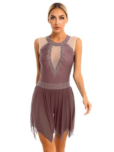 inlzdz Damen Ballettkleid Ballettanzug Ärmellos Glitzer Tanzkleid mit Asymmetrischer Rock Ballett Trikot Turnanzug Gymnastikanzug Latein Tanz-Kostüm XS-XL C Braun XL von inlzdz